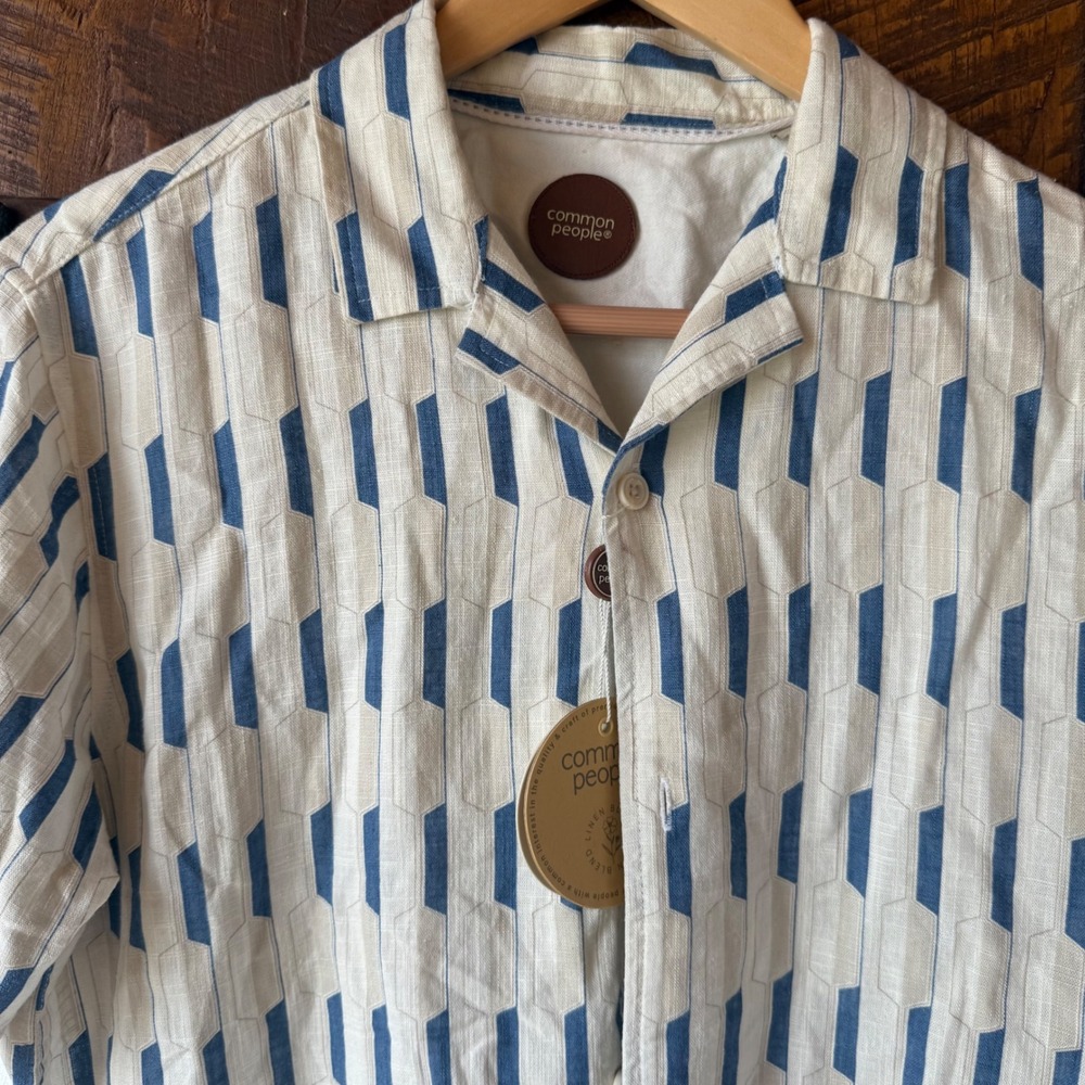 Common People Linen Blend Shirt Mens M Blue Cream Geometric Short Sleeve Camp